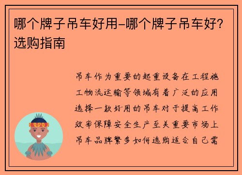 哪个牌子吊车好用-哪个牌子吊车好？选购指南