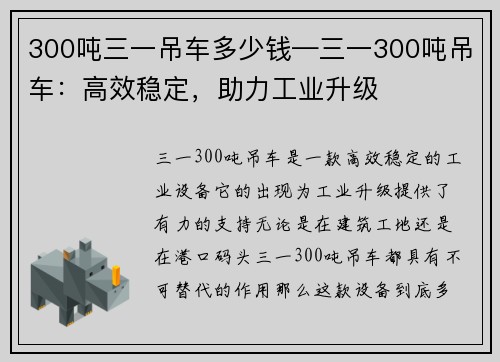 300吨三一吊车多少钱—三一300吨吊车：高效稳定，助力工业升级