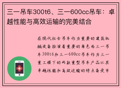 三一吊车300t6、三一600cc吊车：卓越性能与高效运输的完美结合