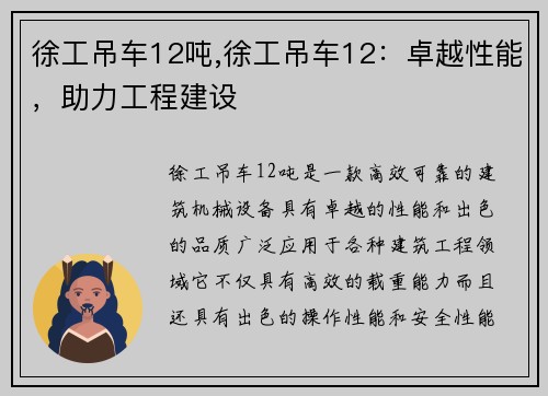 徐工吊车12吨,徐工吊车12：卓越性能，助力工程建设