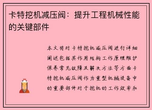 卡特挖机减压阀：提升工程机械性能的关键部件
