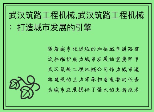 武汉筑路工程机械,武汉筑路工程机械：打造城市发展的引擎