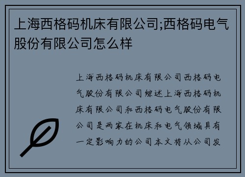 上海西格码机床有限公司;西格码电气股份有限公司怎么样